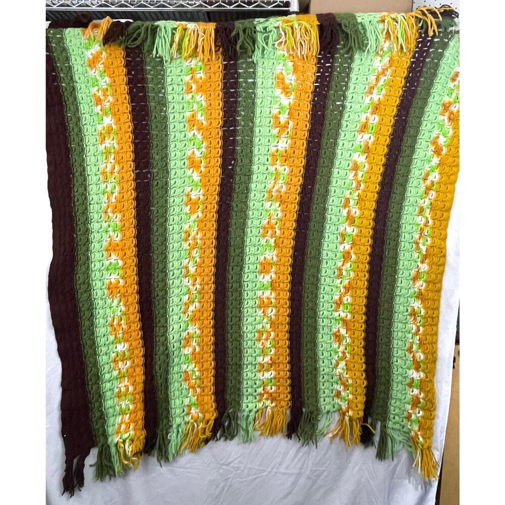 VTG 1970s Crocheted Afghan Blanket 48"x60" Handmade CottageCore Funky Green